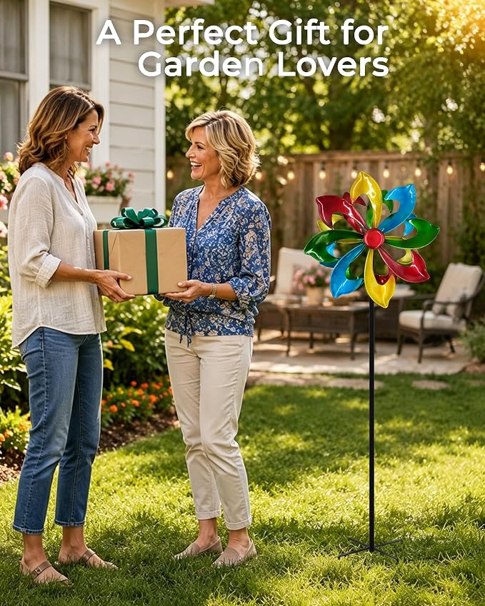 Rainbow Wind Spinner for Outdoor, 13" D Colorful Kinetic Garden Spinner with Smooth Silent Motion, Adjustable Height & Stable Ground Stake for Yard Patio Flower Bed Decor