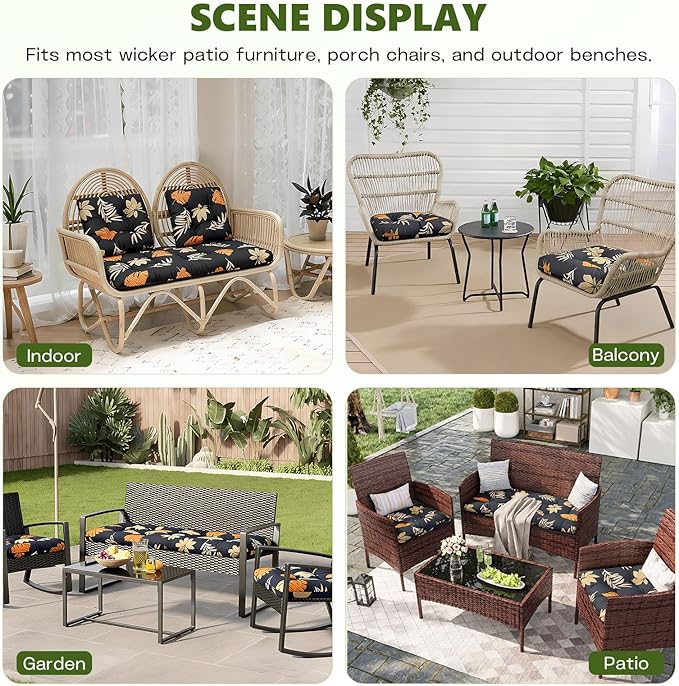 Wicker Chair Cushions Set, 2 U-Shaped Cushions & 1 Loveseat, Waterproof Outdoor Loveseat Cushion for Patio Furniture, Settee Bench Pad All Weather,YellowLeaf