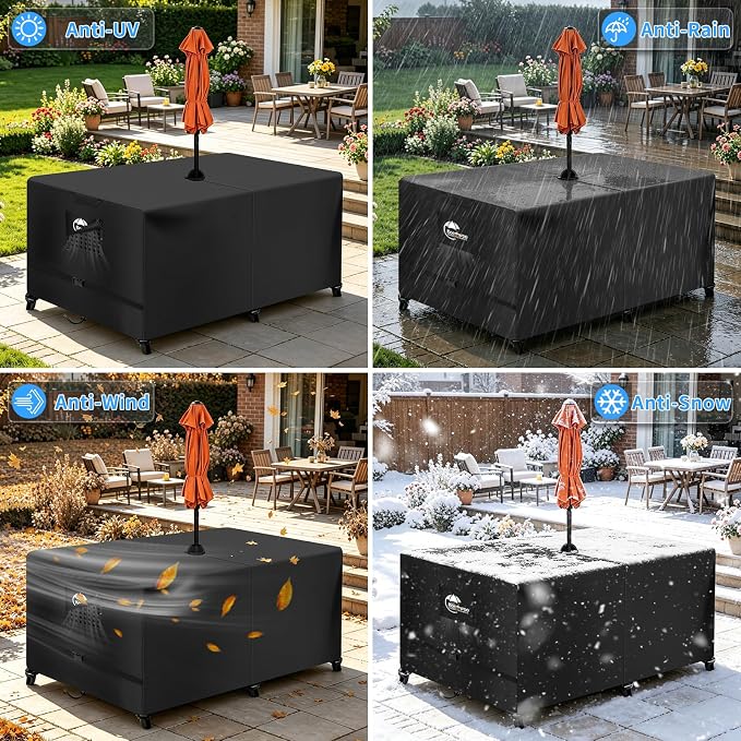 Rectangular Patio Table Cover with Umbrella Hole,Outdoor Lawn Patio Furniture Covers Heavy Duty 300D Oxford Fabric,Waterproof,Ripstop,UV Protection(72" L x 44" W x 23.6" H)