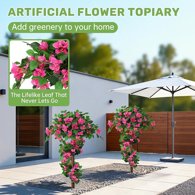 2Pack 4FT Artificial Bougainvillea Topiary Trees for Outdoor, Fake Silk Flowers Plants Bushes with Ground Spike, Faux UV Resistant Shurbs Trees for Outside,Front Porch,Patio,Balcony Decor