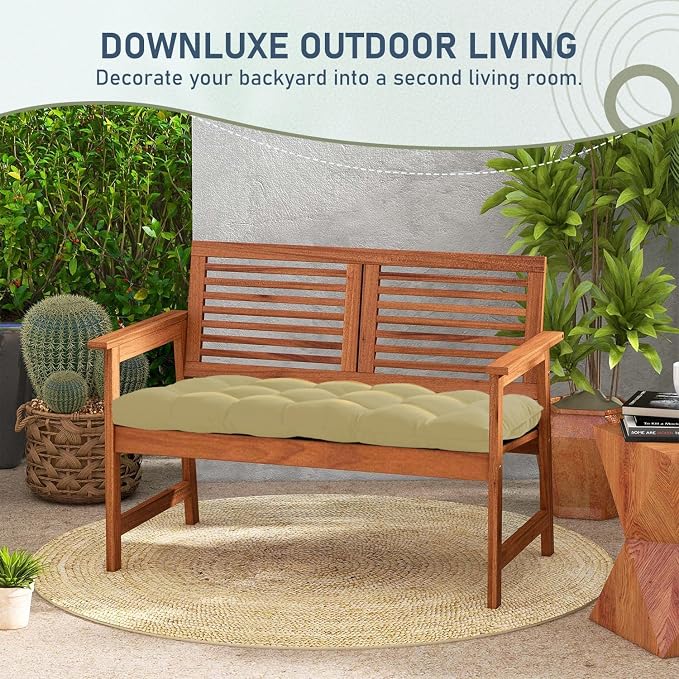 downluxe Outdoor Bench Cushion for Patio Furniture, Water Resistant Tufted Overstuffed Porch Swing Cushions, Thick Outdoor Loveseat Cushions, 44" X 19" X 5", Khaki, Set of 1