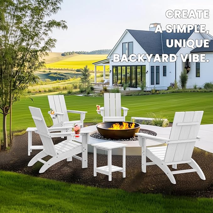 Modern Adirondack Chair with Cup Holder, HDPE Plastic Patio Chairs for All Weather, Fire Pit Chair, Outdoor Lawn Chairs for Deck, Porch, Backyard, Garden, White