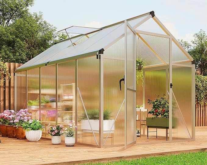 IDEALHOUSE 6×10 FT Greenhouse, Large Walk in Greenhouses for Outdoors and Garden Planting, Polycarbonate Greenhouse with Enhanced Aluminum Frame, Green Houses with Quick Setup Structure and Roof Vent