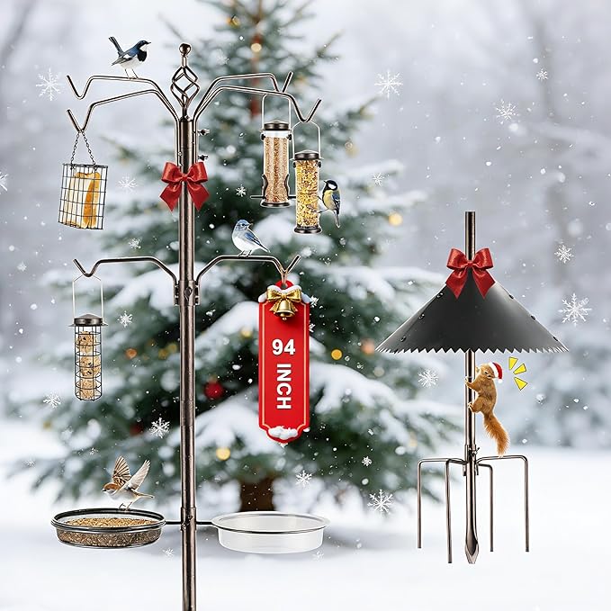 Bird Feeder Station Kit - Wild Bird Feeder Pole with Multi Feeder, Suet Cage, Planter Hanger with Squirrel Guard Baffle for Attracting Birds