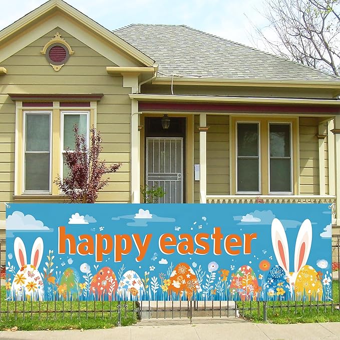 10x3 ft Extra Large Happy Easter Banner Outdoor 115''x35'' Cut Rabbit Banner for Fence Outside Garden Large Bunny Banners Yard