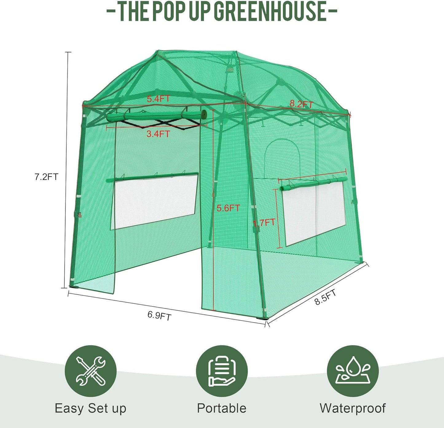 8.5 x 7 FT Walk-in Greenhouse, Portable Pop-up Green House 3 Adjustable Hights Heavy Duty Plant Gardening Canopy with Durable PE Cover for Indoor Outdoor (Clear and Green)