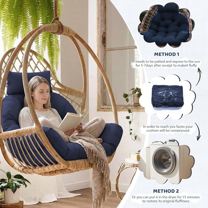 Waterproof Egg Chair Cushion Replacement, 47x33x7 Inches Thicken Outdoor Hanging Chair Cushion with Headrest Pillow, Cushions for Egg Chairs, Blue