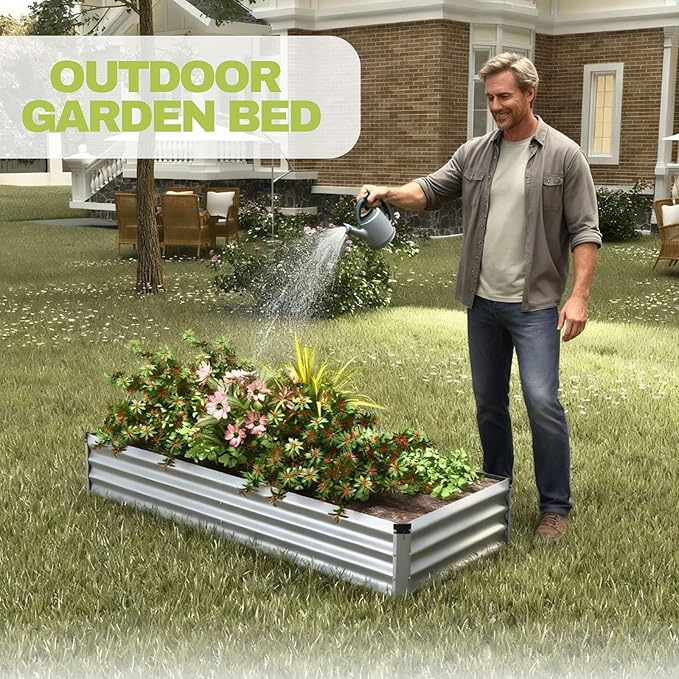 6x2x1 Ft 2Packs Metal Raised Garden Bed, Rectangular Outdoor, Garden Bed Planter Box for Vegetables, Flowers and Herbs, Color Coated Steel Raised Planter Bed Kit (Silver)