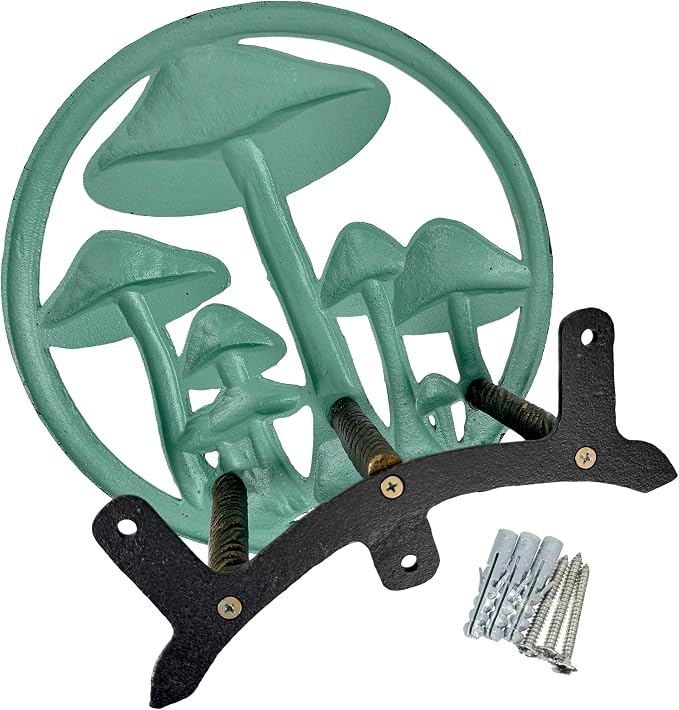 Zeckos 11.75 Inch Cast Iron Mushroom Garden Hose Holder, Verdigris and Bronze Outdoor Hose Hanger with Matching Hardware for Porch, Patio, Fence or Yard Wall Decor and Garden Hose Storage