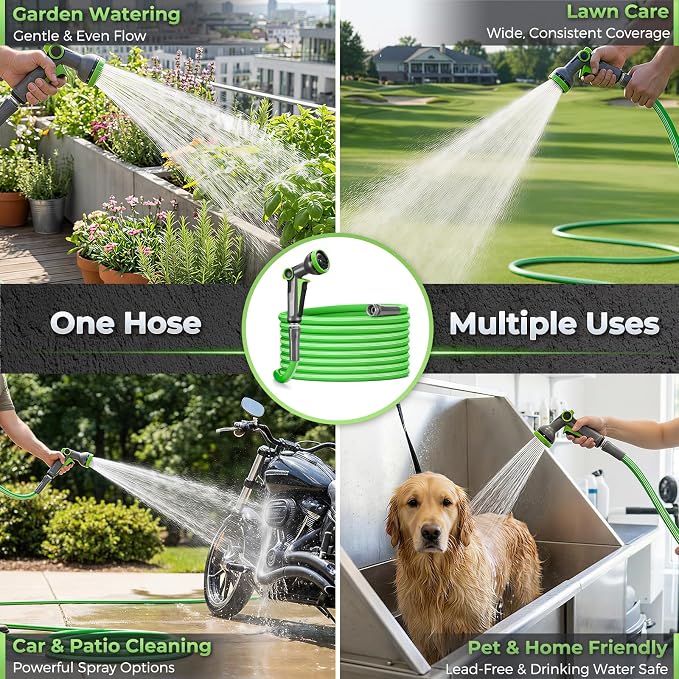 Garden Hose 50 FT, Flexible Rubber Hybrid Water Hose 5/8 Inch, Food-Grade Inner Layer, Kink-Resistant, Lightweight Outdoor Hose for Garden & Lawn