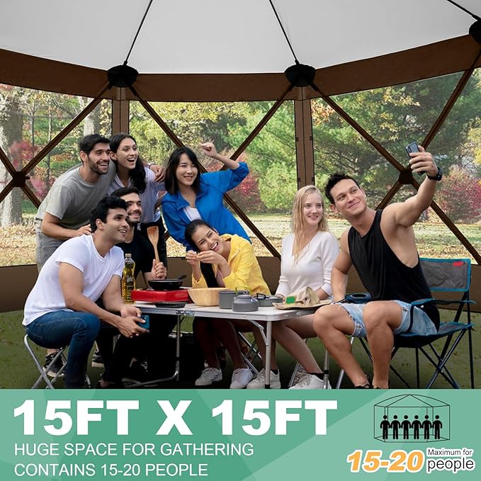 COBIZI 15x15 FT Pop Up Gazebo - Canopy Tent, Large Gazebos On Clearance,Instant Screened in Gazebo,carpas para Patio,Portable Screen Tents for 12-15 Persons Outdoor Camping, Backyard, Brown