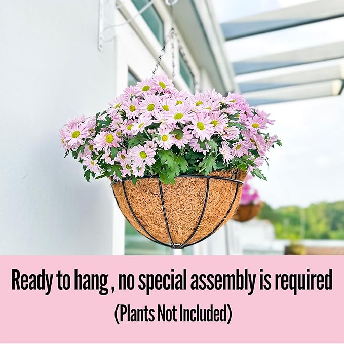 LaLaGreen Hanging Baskets for Outdoor Plants (4 Pack, 14 Inch) Large Hanging Planter with Coco Liner Round Flower Pots, Black Metal Wire Plant Holder Hook Deck Porch Modern Garden Balcony Rustic Decor