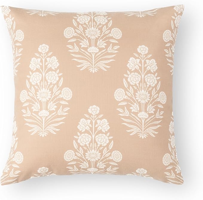 Crumbs Home Modern Farmhouse Fall Linen Indoor Outdoor Throw Pillow Cover Only, 20"x20" Water Repellent for Patio, Backyard, Couch, Ivory Cream Neutral Floral