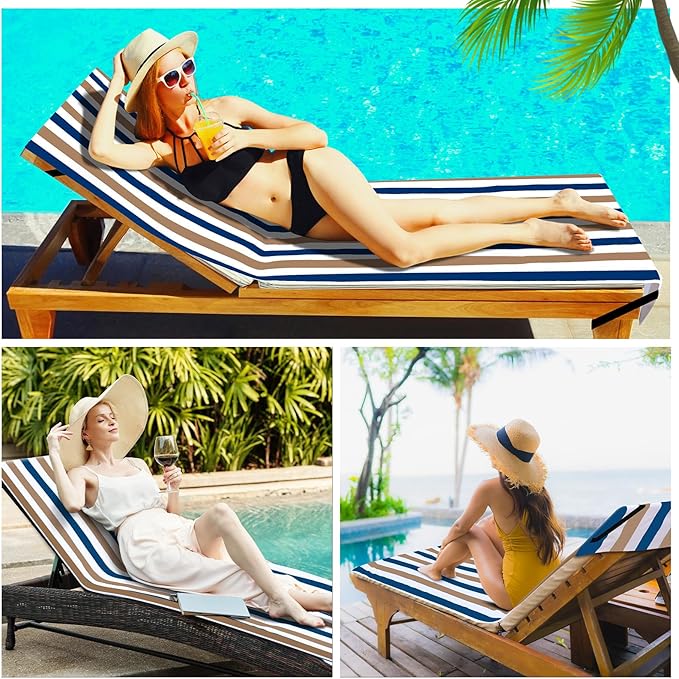 Fumete 2 Pack Lounge Chair Covers 30 x 85 Inch Pool Chaise Lounge Towels Microfiber Beach Chair Towel Portable Striped Outdoor Patio Furniture Cover for Sunbathing Picnic Spa(Dark Blue and Camel)