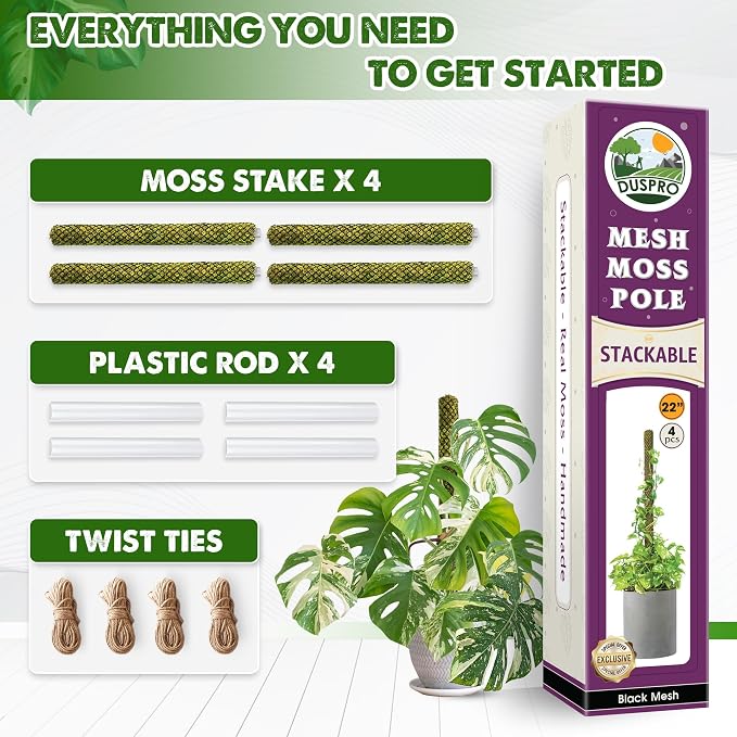 DUSPRO 4 Pack 22" Black Stackable Mesh Moss Pole for Plants β Extendable Up to 71", Natural Forest Moss Pole Monstera Plant Support, Moss Stick for Climbing Plants, Indoor Plant Stakes Accessories