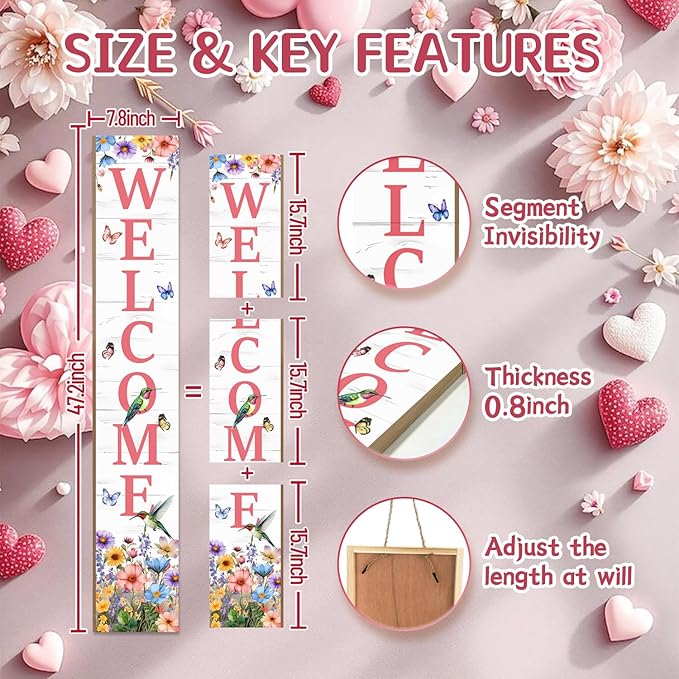 Hummingbird Welcome Sign for Front Door, Summer Porch Sign Tulip Flowers Outdoor Yard Sign Seasonal Tall Floral Welcome Porch Sign Wildflowers Wood Door Sign for Garden Patio Wall Home Decor