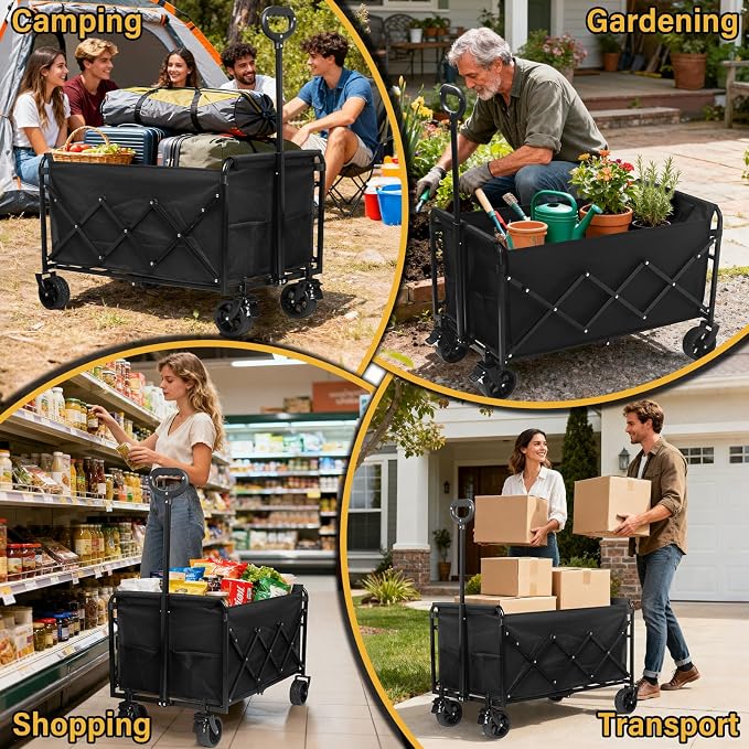 Collapsible Wagons Carts Foldable Heavy Duty, 500LBS Collapsible Wagon Cart Foldable with Wheels & Brakes, Large Folding Wagon Cart Utility for Camping, Picnic, Beach, Grocery, Sport, Shopping