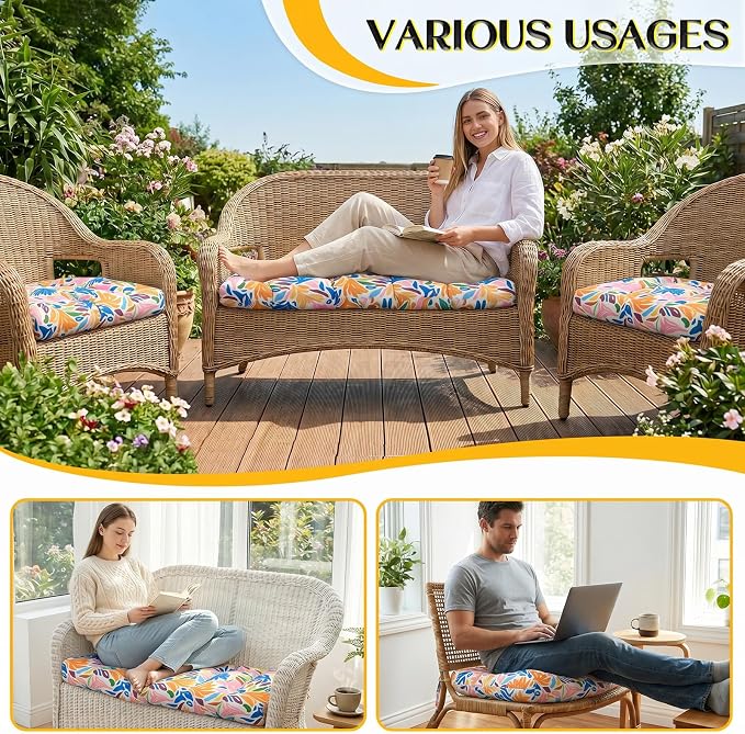1 MIDDLE ONE Wicker Chair Cushions 3 Pieces Set for Outdoor Furniture, Replacement Patio Wicker Furniture Cushions, 1Pc Loveseat Cushion & 2Pcs Chair Cushions (Colorful Leaves)