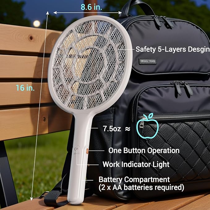 YsChois Electric Fly Swatter, Bug Zapper, Mosquito Zapper Racket | Gold Zone Voltage, Densest 3 mm Mesh, Apple-Like Weight - AA Battery Powered (not incl.) - Indoor & Outdoor Use with Pro Swat Tips