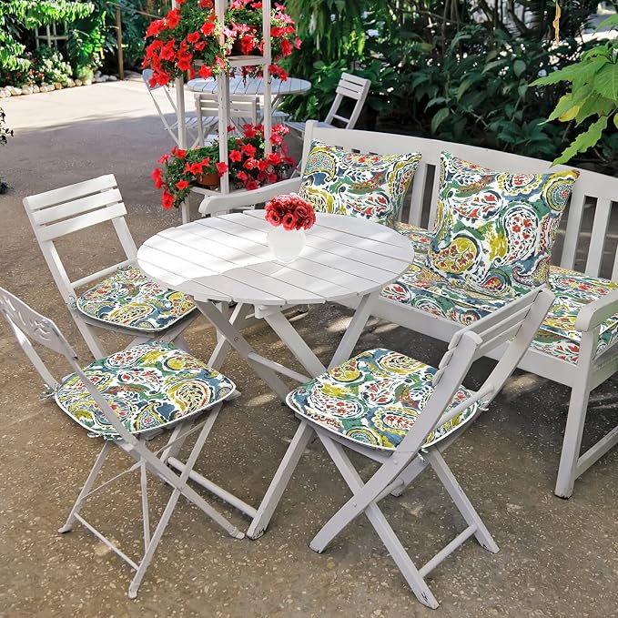 DYTXIII Set of 4 Outdoor Chair Cushions with Ties,Water Repellent Patio Chair Pads 17"x 16" for Outdoor Furniture,Round Corner Seat Cushions for Garden Yard Kitchen Paisley Paradise