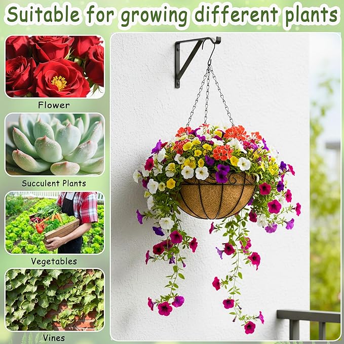 14 Inch Hanging Planters (4 Pack) - Round Metal Baskets with Cocoa Liners for Indoor/Outdoor Gardens, Porch & Patio Decor(HB)