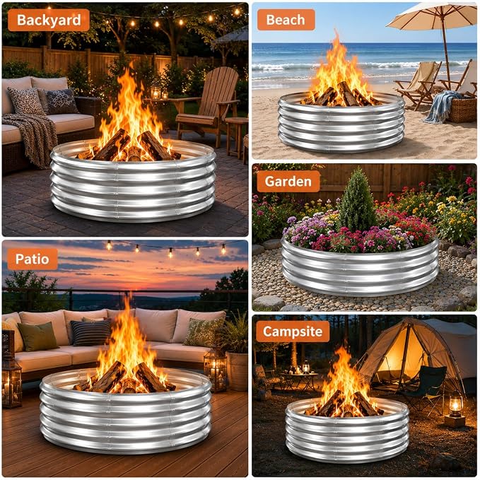 36 Inch Heavy Duty Fire Pit Ring for Outside, 12" Deep Wood Burning Fire Pit Insert, High Heat Resistant Galvanized Steel Firepit for Backyard, Patio, Camping & Outdoor Fireplace