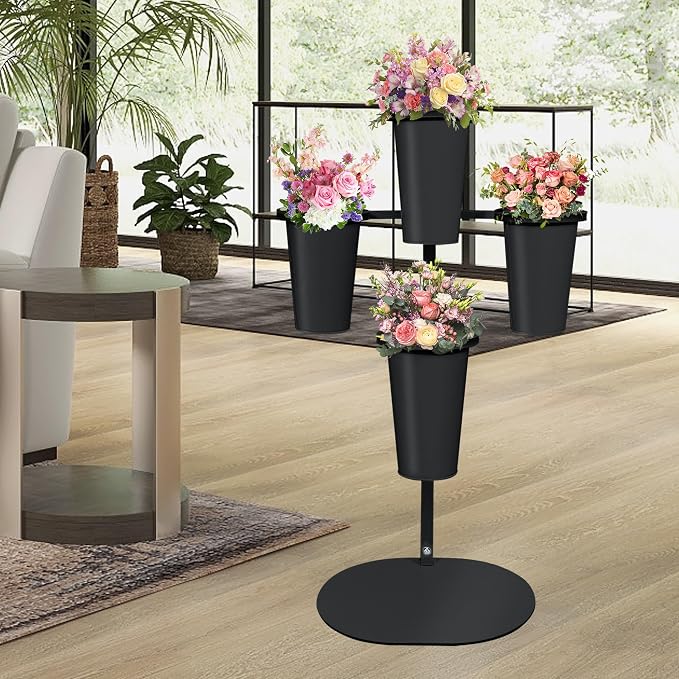 PROLEE Flower Display Stand with 4 Buckets, Flower Pot Stand, Flower Stand Metal, Florist Bouquet Shelf for Wedding, Party, Events, Oval Base, Black