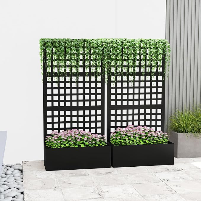 Outsunny Galvanized Raised Garden Bed with Trellis, Metal Planter Box with Drainage Holes, Outdoor Privacy Screen for Climbing Plants, Vegetable, Vines, 35" x 16" x 70", 2 Pack, Black