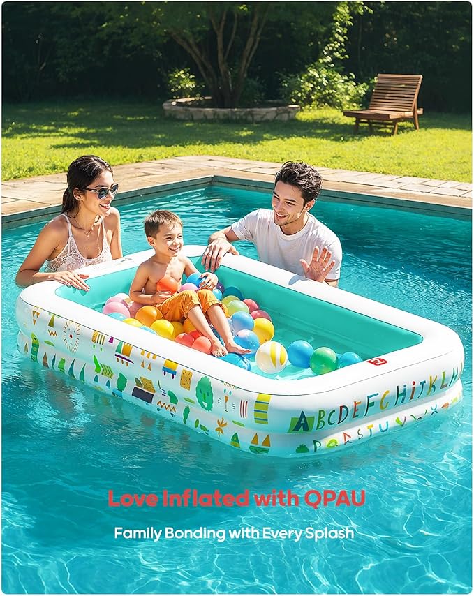 QPAU Kiddie Pool – 65" x 39" Inflatable Pool for Kids & Toddlers, Ball Pit & Baby Pool with Soft Floor, Educational Alphabet & Number, Durable Outdoor Play Toys for Backyard & Indoor Fun (Green)