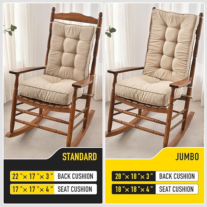 SUNROX Memory Foam Non Slip Rocking Chair Cushion, FadeShield Water Resistant Thicken Durable Tufted Pads, Set of Seat & Back Cushion with Ties for Indoor/Outdoor Rocker, 2 Piece, Husk Birch