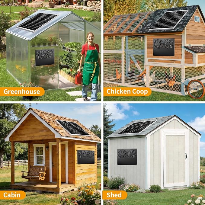 25W Metal Frame Solar Powered Fan with Battery, IP65 Waterproof Solar Exhaust/Intake Fan for Chicken Coop, Greenhouse, Dog House and Shed, Low Noise