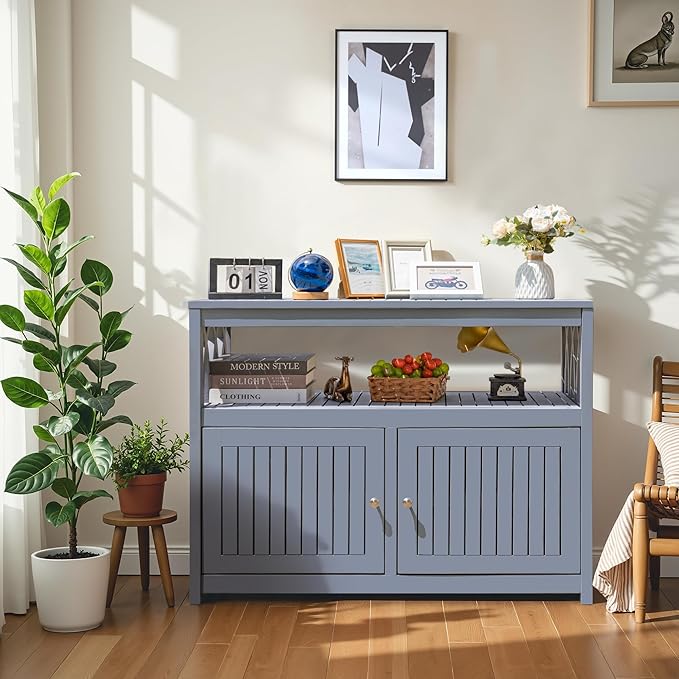 Devoko Acacia Wood Patio Cabinet with 2 Magnetic Doors and Shelve for Outdoor Storage, TV Stand, Potting Table (Gray)