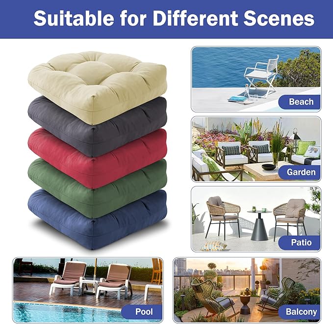 IPYNBAP Outdoor Chair Cushions Set of 2, Patio Chair Cushions with Ties, 17x17+4” Tufted Outdoor Seat Cushions, Waterproof Patio Furniture Cushions, Outdoor Dining Chair Pads, Beige (Pack of 2)