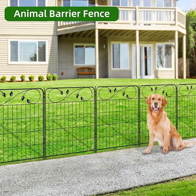 FOREHOGAR Decorative Outdoor Garden Fence 30in(H) X12ft(L) 6 Panels+7 Stakes Leaf Black Metal Garden Fencing for Landscape Lawn Patio, Temporary Animal Barrier Fences for Dogs