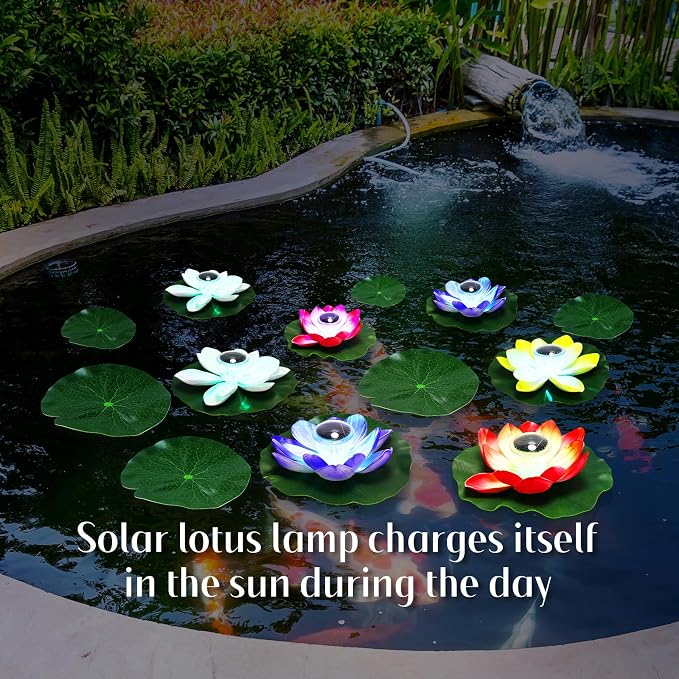 VIHOSE 30 Pcs Solar Floating Pond Lights Waterproof Solar Lotus Floating LED with Lily Pads Swimming Pool Pond Flower Night Lights for Patio Garden Pool Outdoor Party Decorations