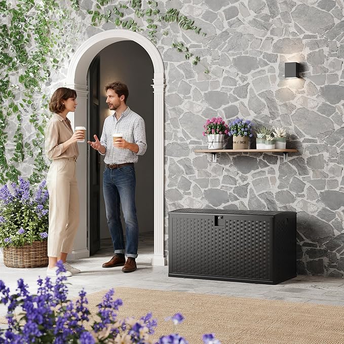 Garvee 120 gallon Waterproof Outdoor Storage Box, Lockable Plastic Deck Box with Lid, Patio Storage Bin for Pool, Garden Tools, Backyard, Porch, All-Weather Protection, Black