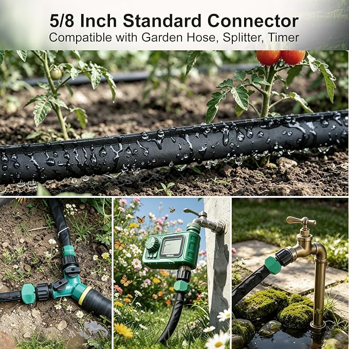 Flat Soaker Hose 50 ft 2-Pack with Splitter, 80% Water-Saving Drip Irrigation Hose 100 ft, Linkable DIY Garden Soaker Hose System for Garden Beds, Lawn, Vegetables & Trees (50ft 2-pack)
