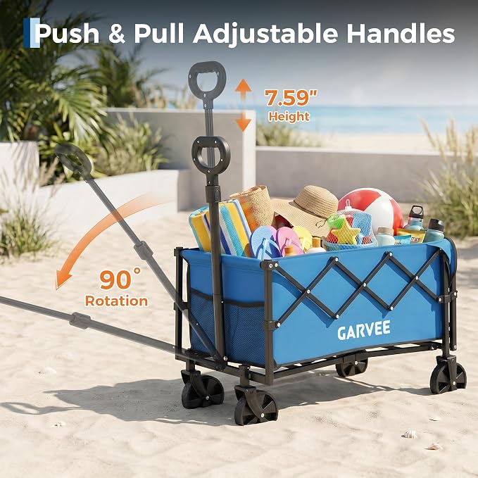 Collapsible Wagon Cart Max 220lb Load & Expandable Storage 120L, Double Bearing Design for Flexible Steering, Foldable Heavy Duty Garden Cart with 2 Cup Holders for Groceries, Garden & Camping