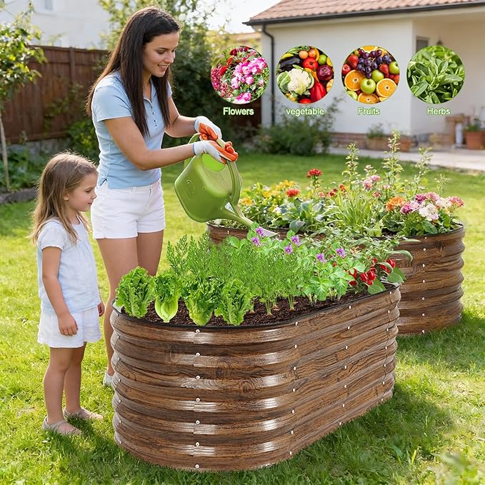 ZORMY Galvanized Raised Garden Bed Outdoor- 2PCS 4x2x1.4ft Oval Steel Raised Beds for Gardening, Metal Planter Box with Protective Strip and Gloves for Vegetables, Flowers, Fruits(Brown)