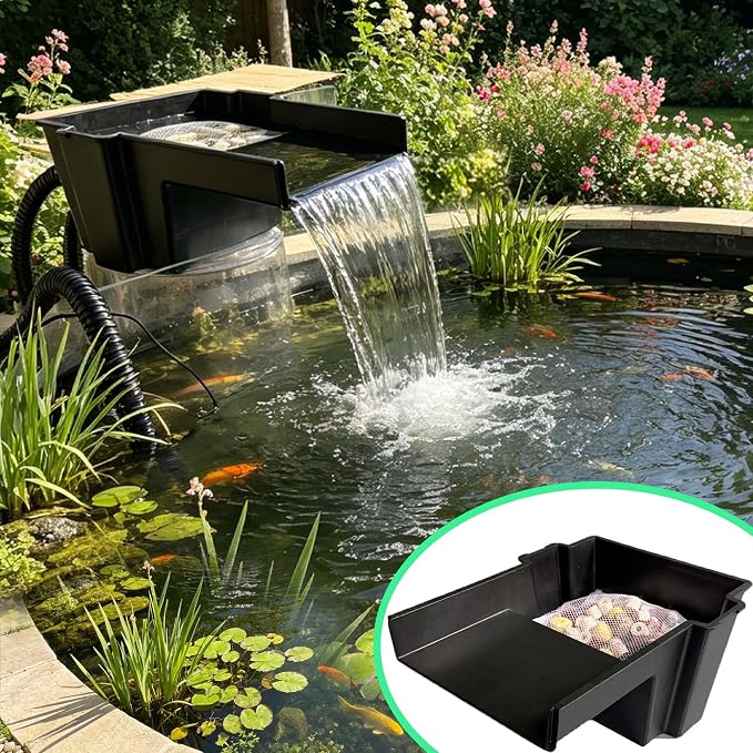 18PCS Upgraded Pond Waterfall Spillway Filter Media, 9* Pond Filter Pads + 500g Ceramic Rings+8 Bracket, Fish Filtration Durable Foam Mat for 8-Inch Waterfall Box