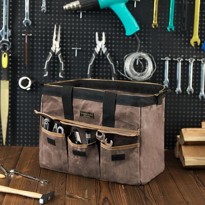 Tool Bag, Durable 16oz Waxed Canvas Wide Mouth Water-Resistant Electrician Tool Bag, Tool Tote with Handle for Tools, Wrenches, Screwdrivers (15 X 7.8 X 11.5 Inch) | Grey