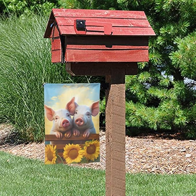 Delerain Two Pig Sunflower Garden Flag, 28 x 40 Inch Double Sided Design Weather Resistant Indoor & Outdoor Decoration Small Banner For Home Yard Lawn Patio Office