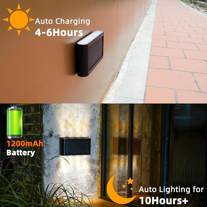 Solar Wall Lights Outdoor, 3000K Warm White, Waterproof, Stylish Mordern Lights, Bright Solar Up and Down Wall Sconce Lighting with 8 LED for Exterior, Porch, Patio, Fence, Garage (2PK)