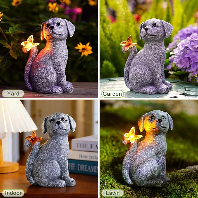 Nacome Solar Dog Outdoor Statues for Garden: Outside Decor with Butterfly Clearance for Yard Art Lawn Ornaments Patio Balcony Home House for Mom Grandma Women