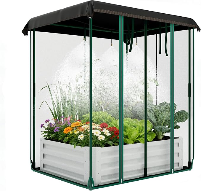 Garvee 48"x36"x12" Raised Garden Bed Kit with Shade Cloth & Irrigation, 3-in-1 Metal Planter Box with Insect Mesh & Drip System, Self-Watering Outdoor Galvanized Raised Bed for Vegetables Flowers