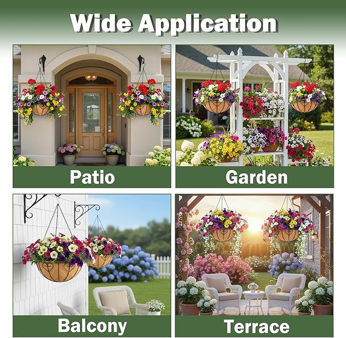 4 Pack 12 Inch Hanging Baskets for Plants Outdoor Metal Hanging Planter Basket with Coco Coir Liner Hanging Flower Baskets Hanging Flower Pots Holder for Garden, Patio(Modern)