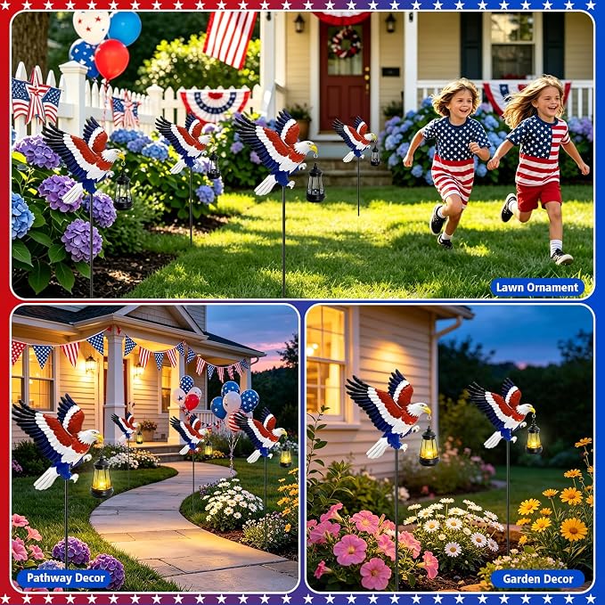 4th of July Decorations Solar Lights Outdoor, Patriotic American Eagle Hanging Lantern Waterproof, Metal Garden Decor for Independence Day Veterans Day Holiday Party Decoration Yard Patio Decor