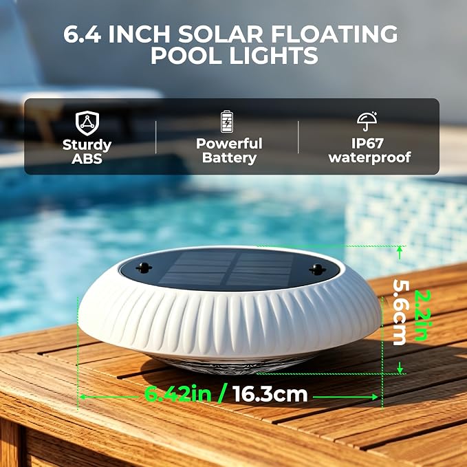Solar Floating Pool Lights, 6.4" Solar Pool Lights that Float, RGB Upper and Lower Floating Pool Light Solar Powered, IP67 Waterproof, 57 Modes, 3 Timers for Above Ground Pools, Bathtub & Party, 2 PCS