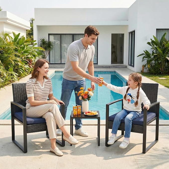 Garvee 3 Pieces Patio Bistro Set, PE Rattan Patio Conversation Set with Tempered Glass Coffee Table, Outdoor Wicker Furniture for Patio Garden Balcony Backyard, Black and Blue
