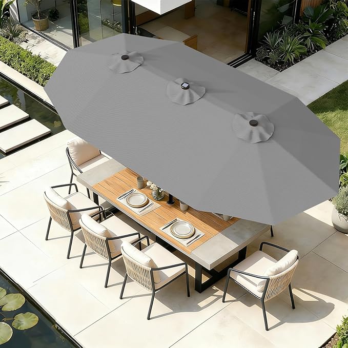 AreShark 15FT Patio Umbrella with Solar Lights, Double Sided Outdoor Table Umbrellas with Crank, Large Rectangular Market Umbrella for Porch, Lawn, Pool, Backyard, Gray